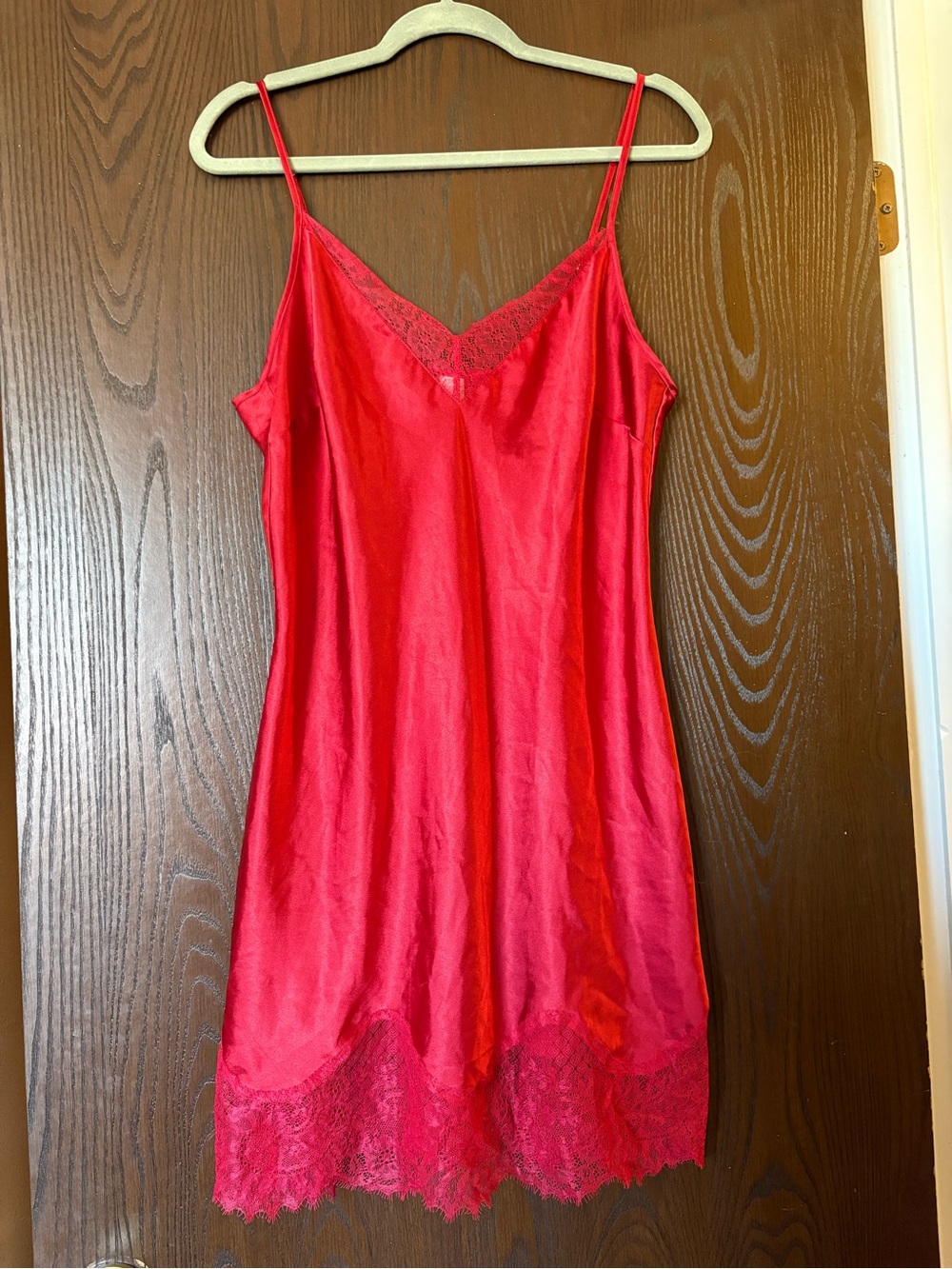 Victoria's Secret Bright Red Satin Slip with Lace Hem